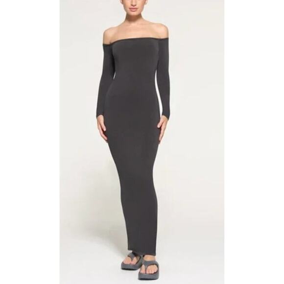 SKIMS Dresses & Skirts - SKIMS New Vintage Dress Off The Shoulder Long Sleeve Maxi Ash Gray NWT Small